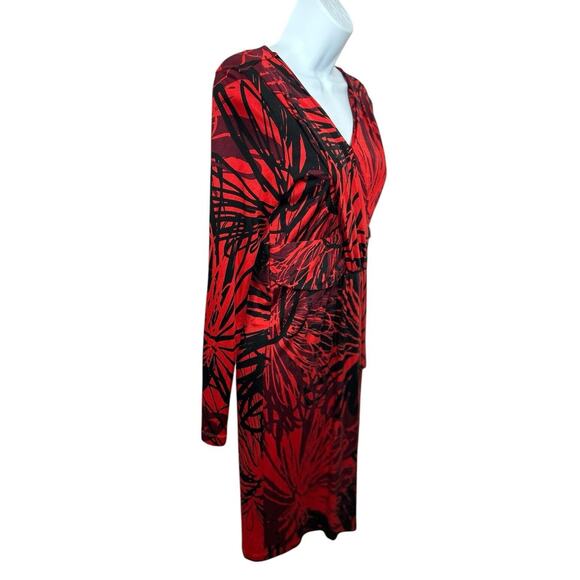 HUGO BOSS Red Black Print Knit Dress Sz Small Long-Sleeve Faux Wrap Knee Length - Picture 5 of 7
